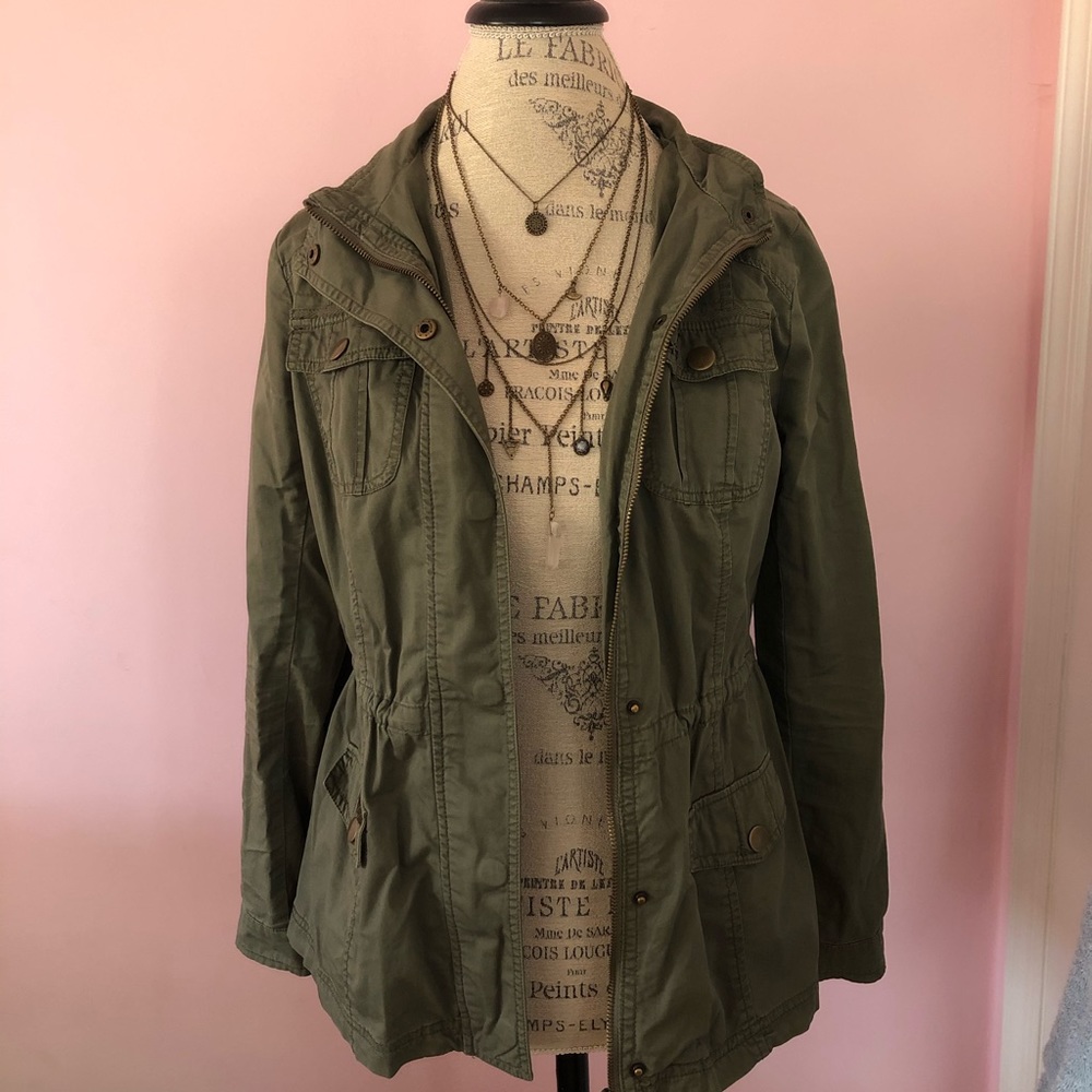 Green Army Jacket with Hood Zipper and Buttons